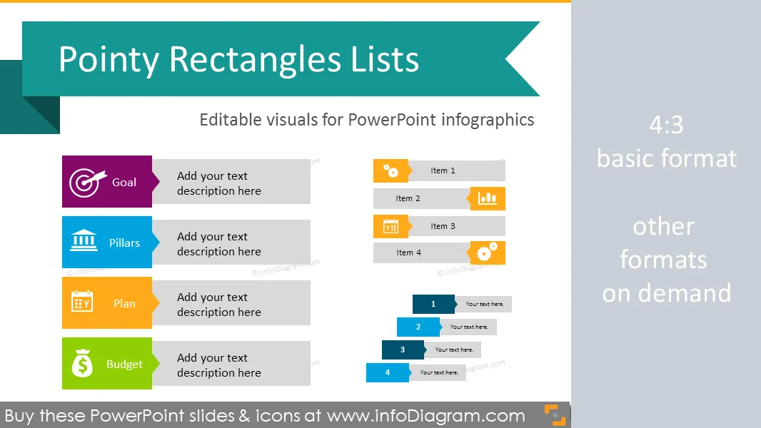 Infographics Template - Pointed Rectangle Lists (flat PPT Diagrams)