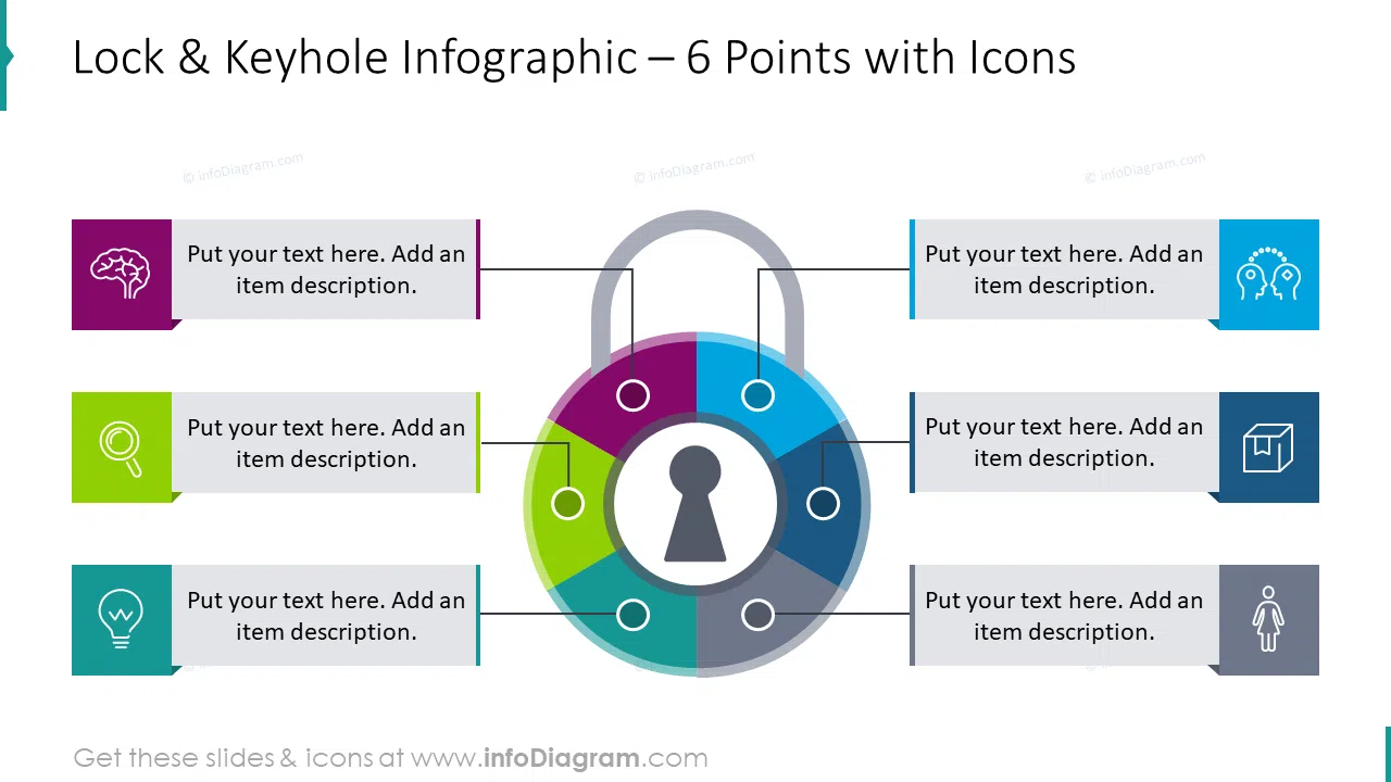 Lock and keyhole infographic for 6 points with icons