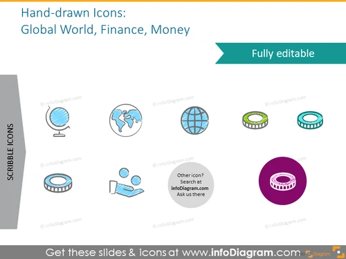 Example of the icons set intended to show global world, finance and money