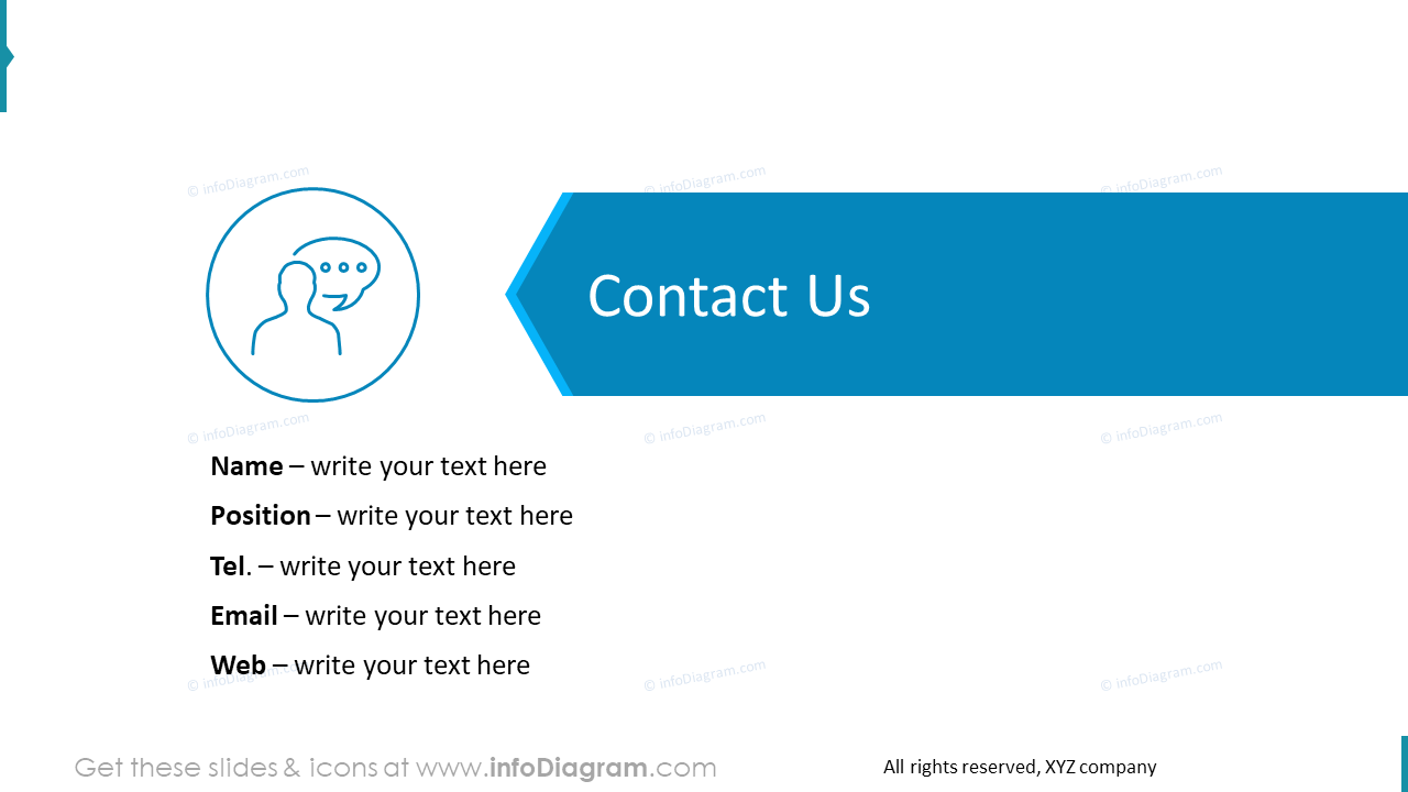 Contact information slide illustrated with flat blue arrow