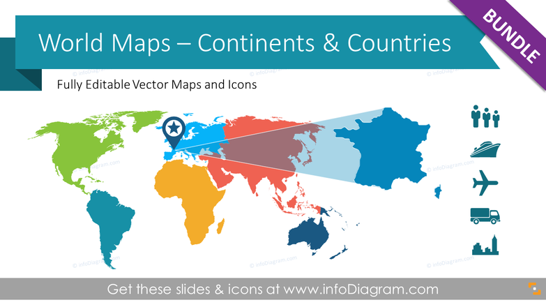 World Maps: Continents, Countries, Population, Transport icons