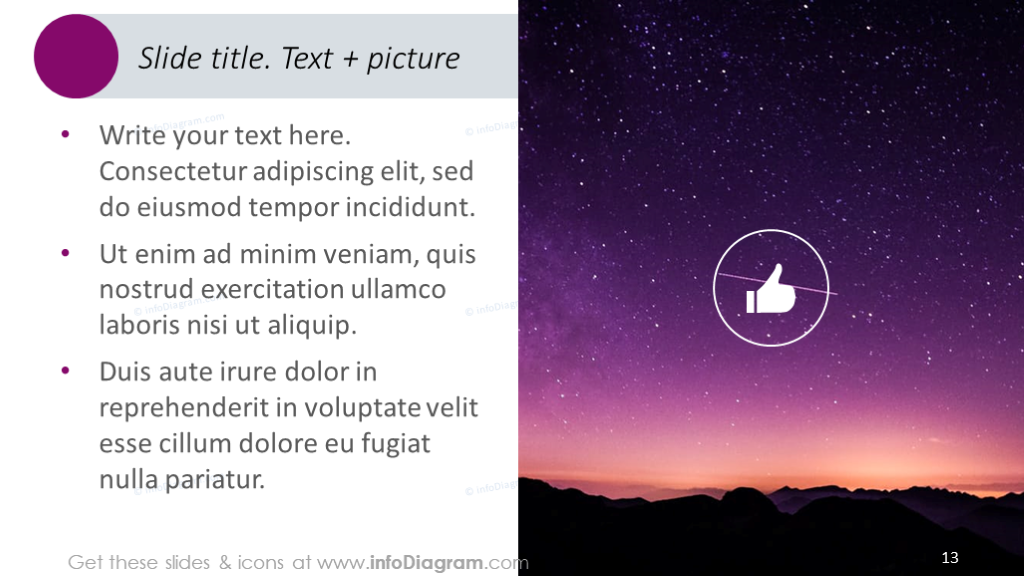 Slide template completed with text, icons and picture