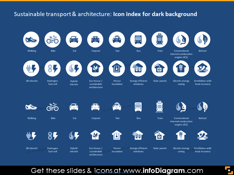 Icon Index on Dark Background: Sustainable Transport and Architecture