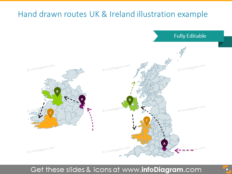 Example of the UK and Ireland maps with hand-drawn routes