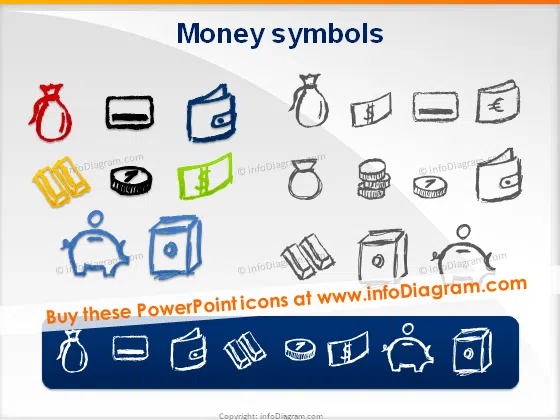 money handdrawn pictograms doodle coin banknote purse vault icons