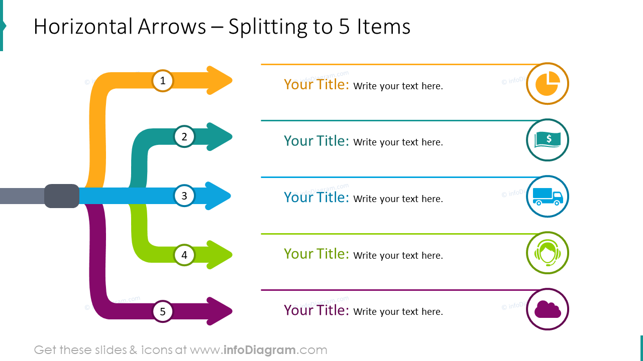 Horizontal branching out arrows template for 5 elements