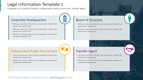 Legal information template with text placeholders and icons