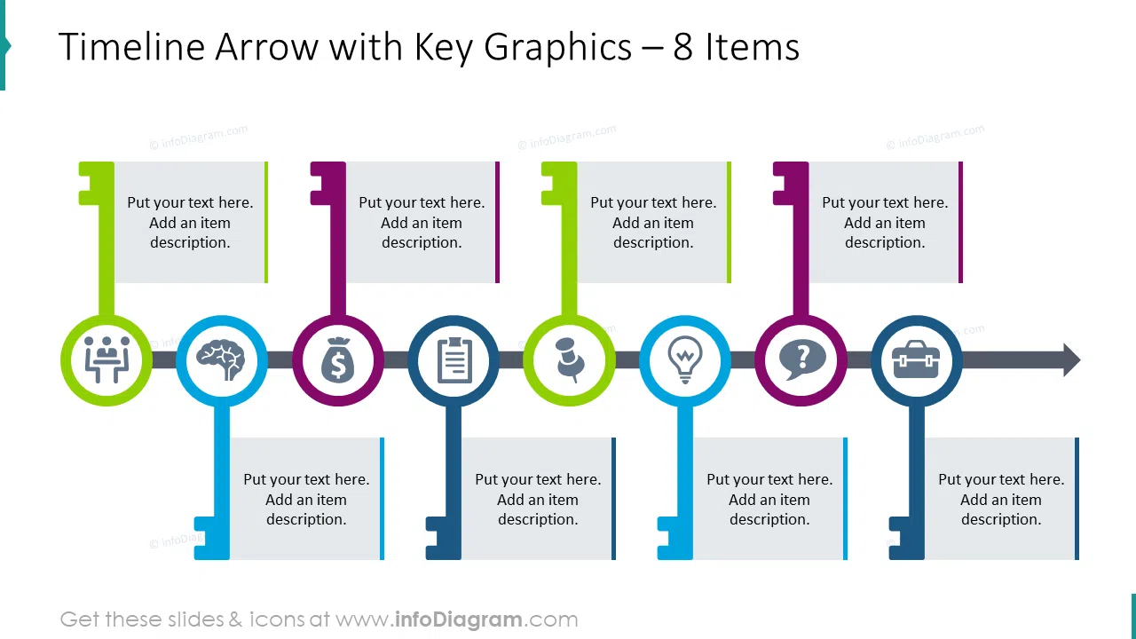 Timeline arrow with key graphics for 8 items