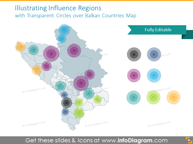 Influence Regions with Transparent Circles over Balkan Countries 