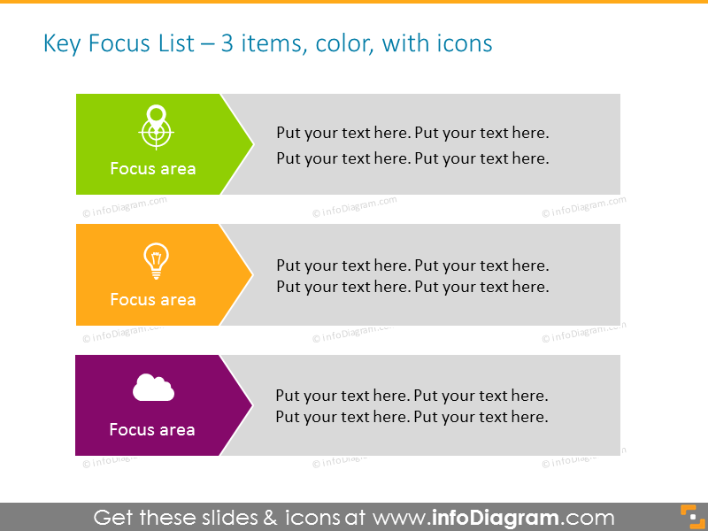 Key Focus List for 3 elements in color, with icons 