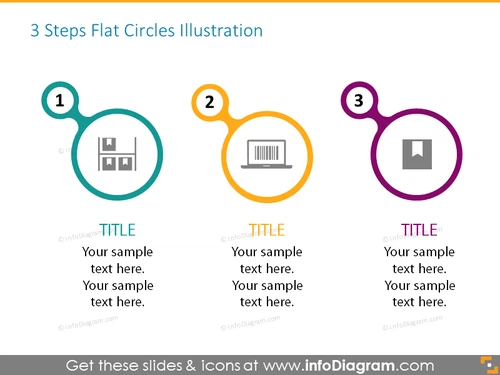 3 steps flat circles list with icons and place for description, ideal for statistics presenting