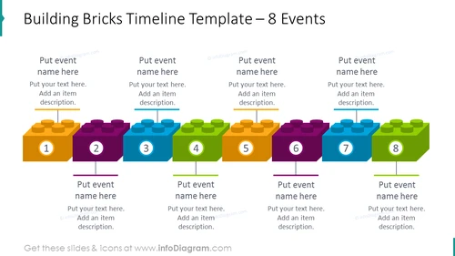 Horizontal building bricks timeline template with 8 events