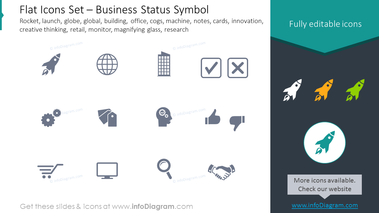 Flat Icons: launch, notes, cards, innovation, creative thinking, retail, monitor