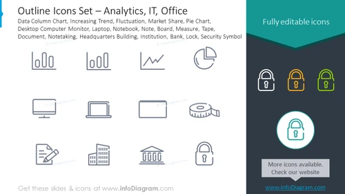 Icons Set: Analytics, Fluctuation, Laptop, Notebook, Measure, Notetaking