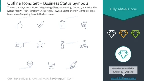 Outline icons set: business status symbols thumb up, OK, check, notes