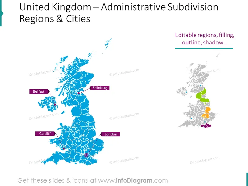 United Kingdom administrative subdivision regions and cities map