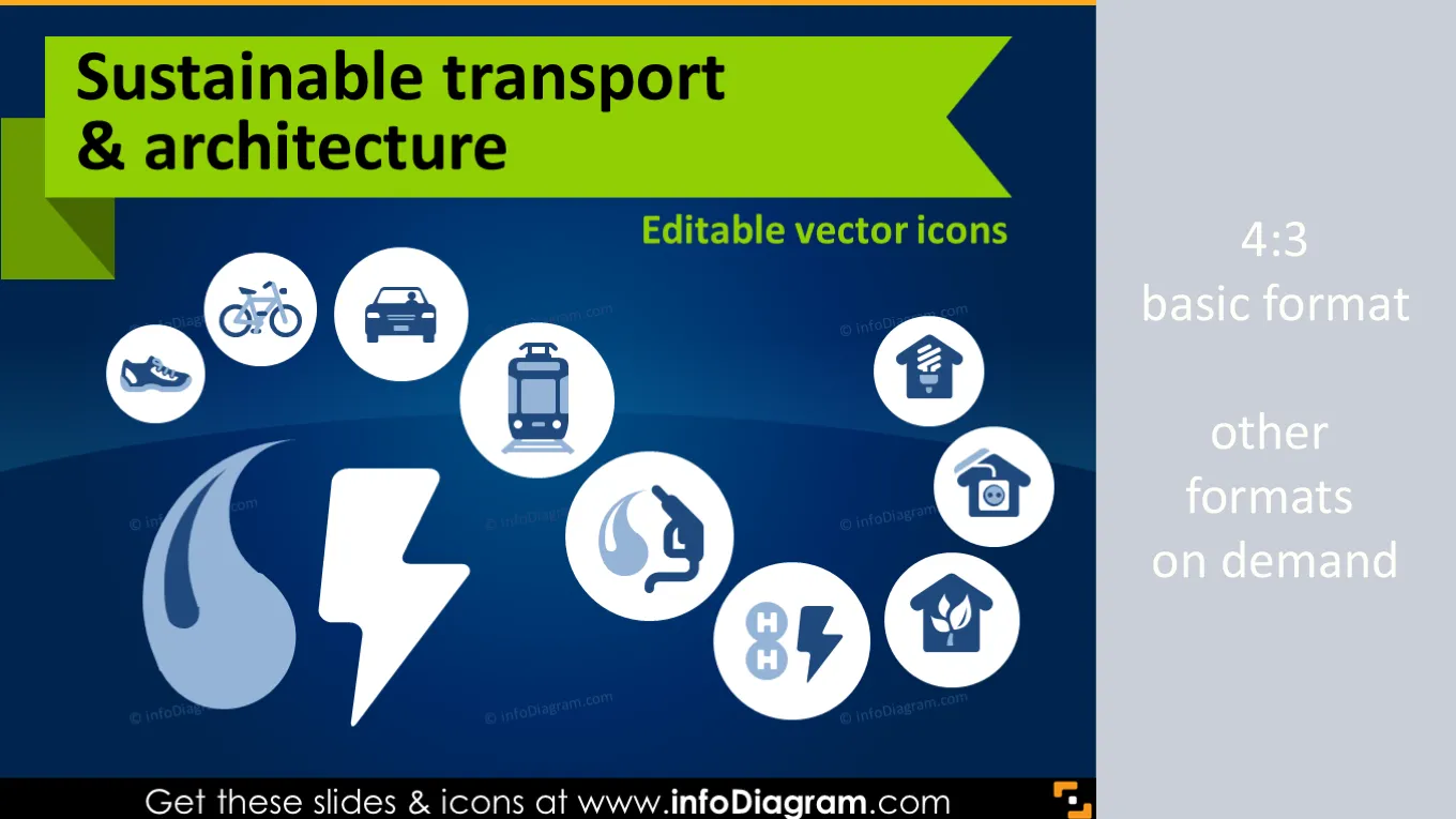 Ecology icons: Sustainable Transport and Architecture (flat PPT clipart)