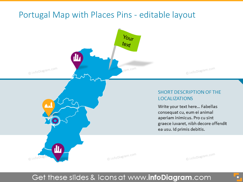 Portugal map with places pins 