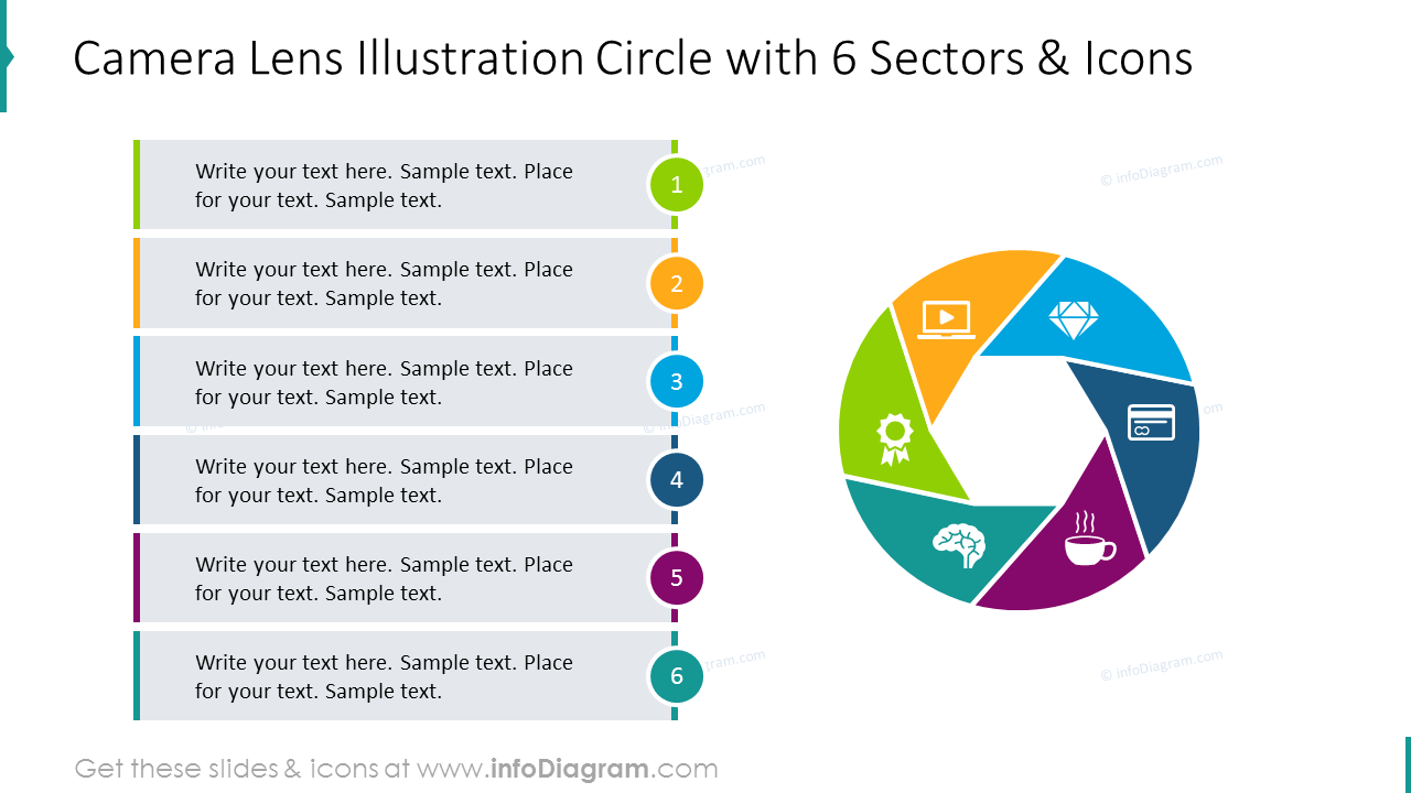 Camera lens illustration circle with 6 sectors and icons