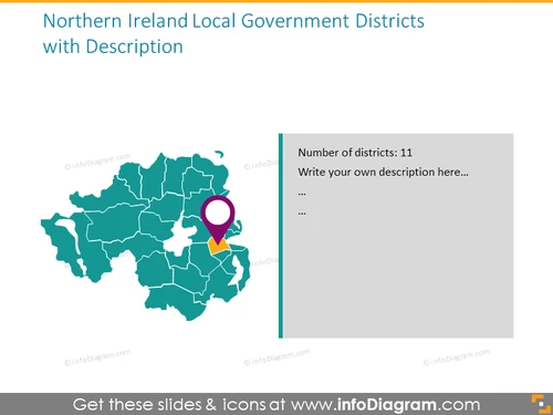 Northern Ireland district map illustrated with pins