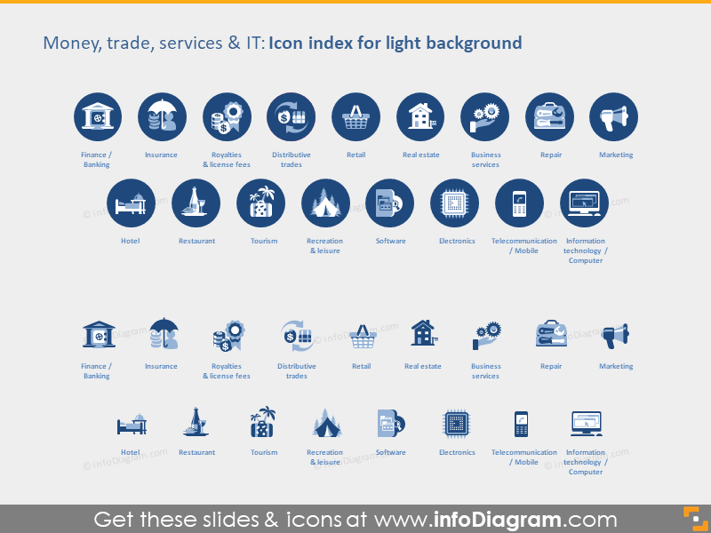 Money Industries icons light flat PPT clipart