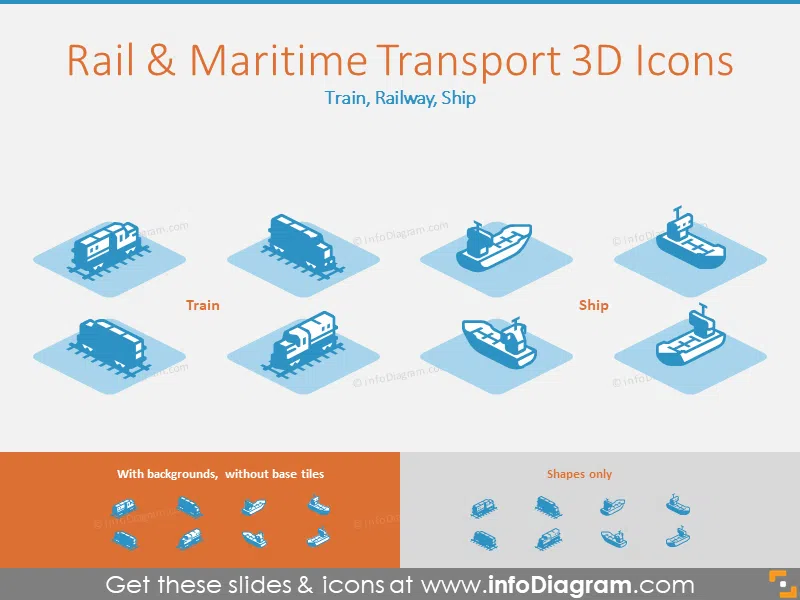 Rail and Maritime Transport 3D Icons: Train, Railway, Ship 