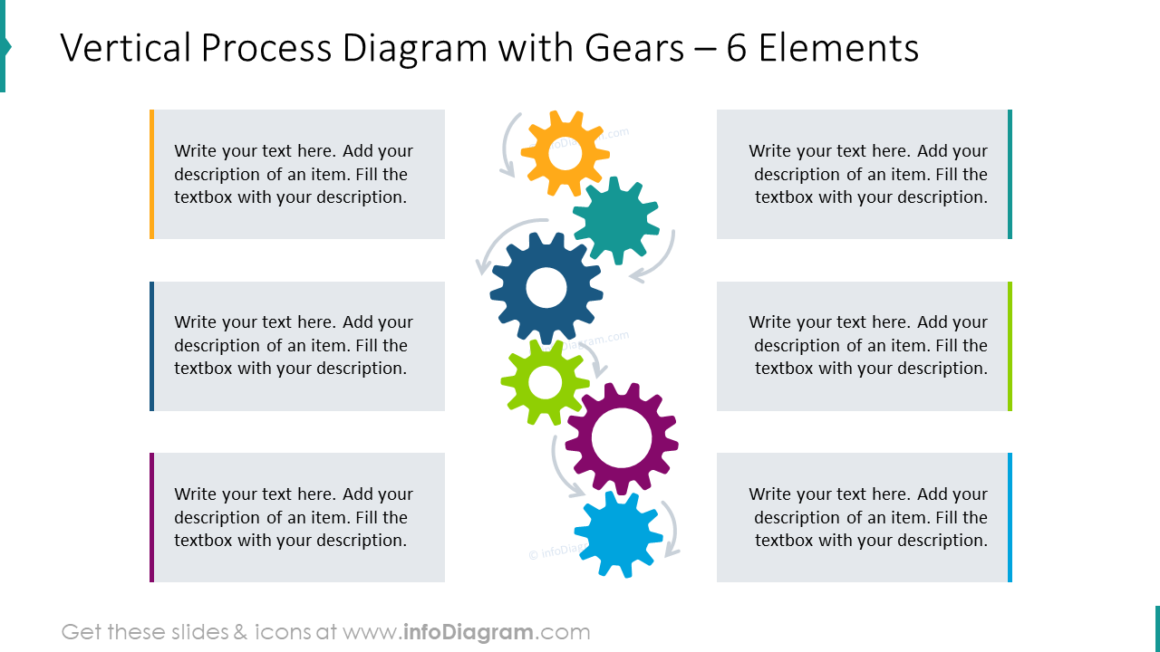 Vertical process diagram with gears for 6 elements