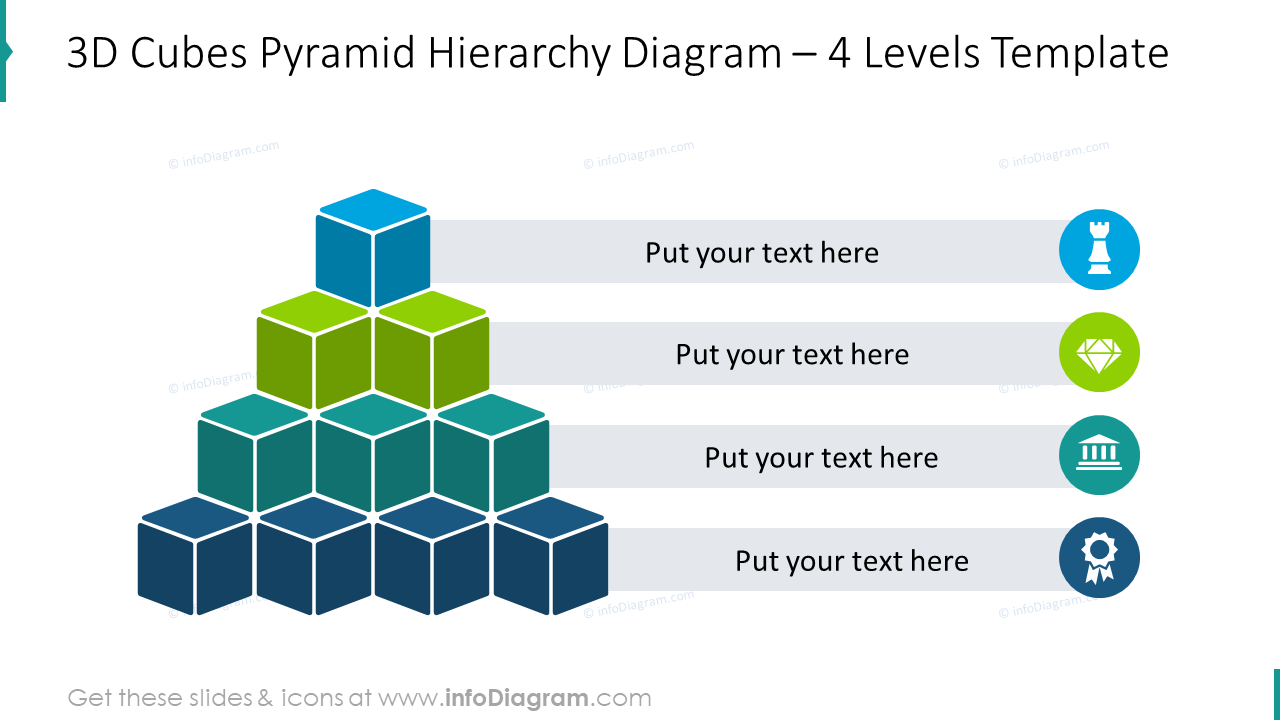 3D cubes pyramid hierarchy diagram for 4 levels with flat symbols