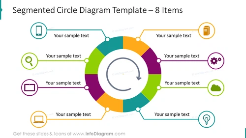 Segmented circle diagram for 8 items illustrated with flat icons  