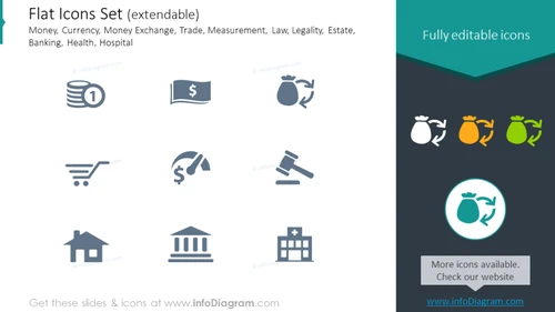 Flat Icons: Currency, Money Exchange, Trade, Legality, Estate, Banking