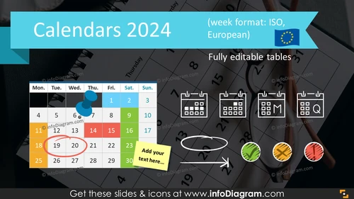 Calendars 2023 timelines graphics EU format (PPT tables and icons)