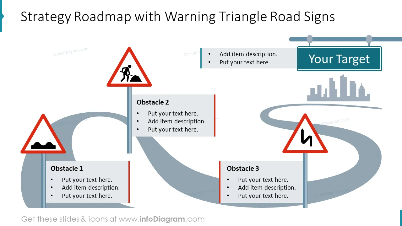 Strategy roadmap with warning triangle road signs