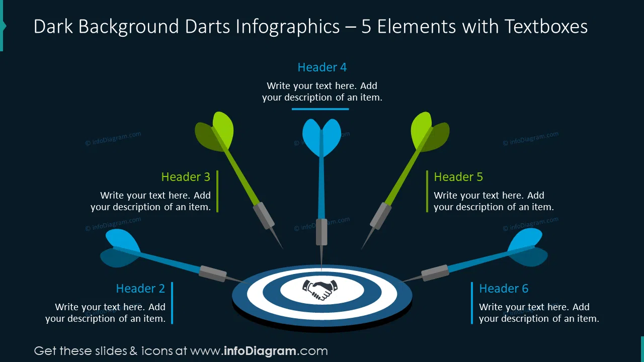 Dark background darts infographics for five elements 