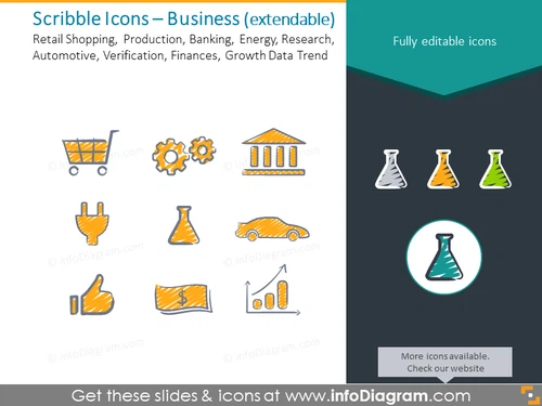 Business icons set: Retail, Production, Banking, Energy, Research
