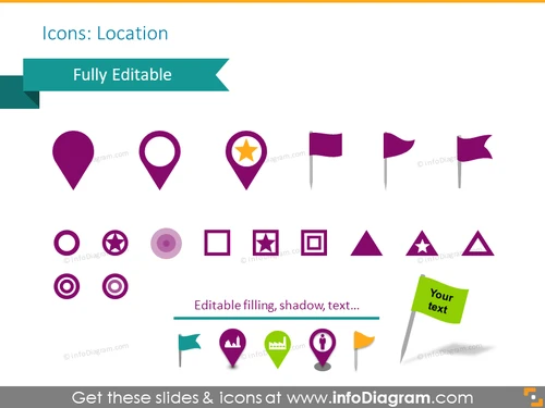 Example of location icons: pins, pin-flags, transparent circles