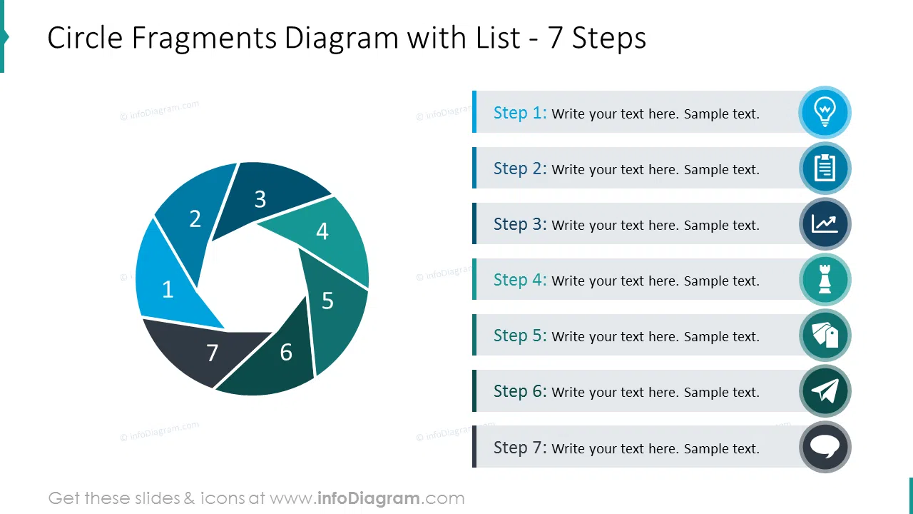 Circle fragments diagram placing list of 5 items with flat icons