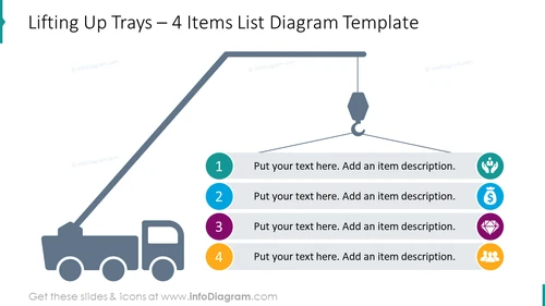 4 items list diagram with lifting up trays with a place for description
