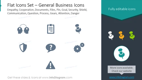 Flat icons: documents, files, pin, empathy, cooperation