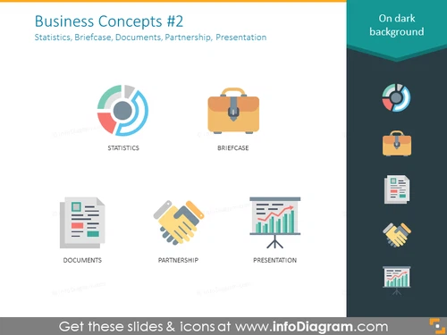 Business concept icons: statistics, briefcase, documents, partnership