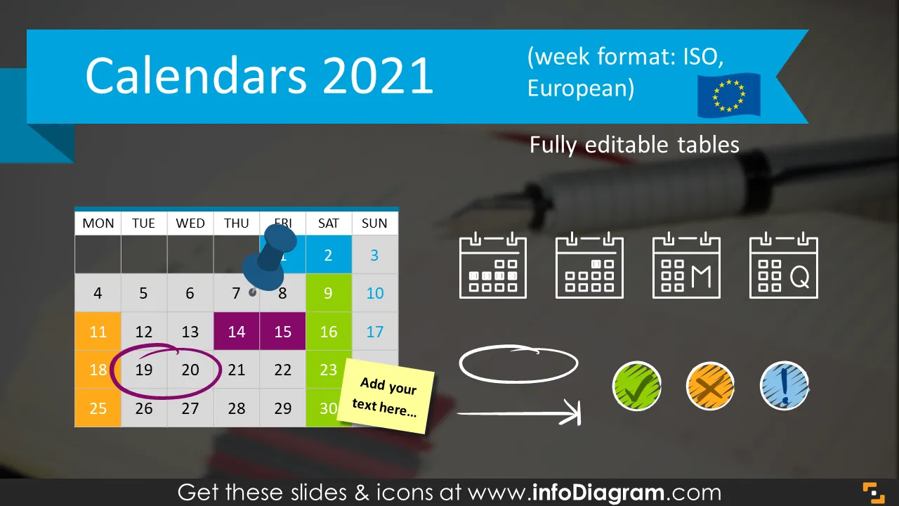 Calendars 2021 timelines graphics EU format (PPT tables and icons)