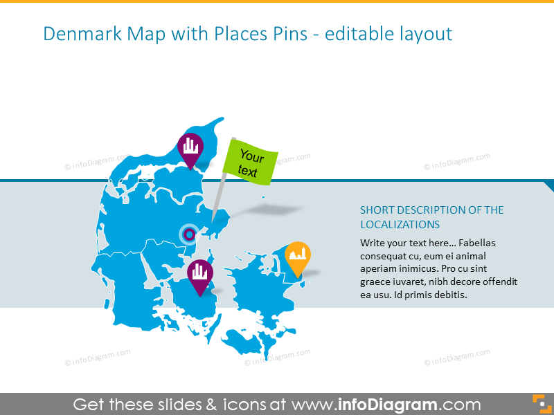 Denmark map illustrated with places pins