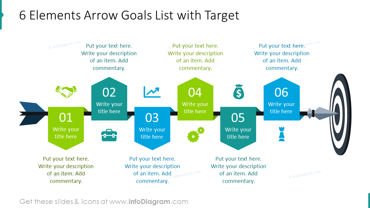 Six elements arrow goals list with target