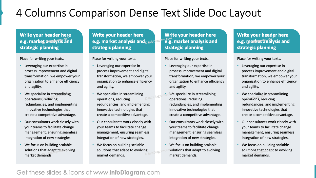4 Columns Comparison Dense Text Slide Doc Layout
