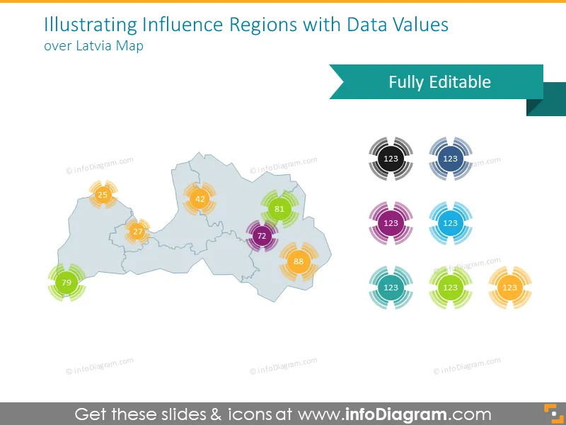 Latvia regions map illustrated with data values