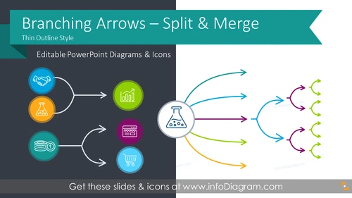 Branching Thin Arrows for Process Flow Split or Merge (PPT Diagrams)