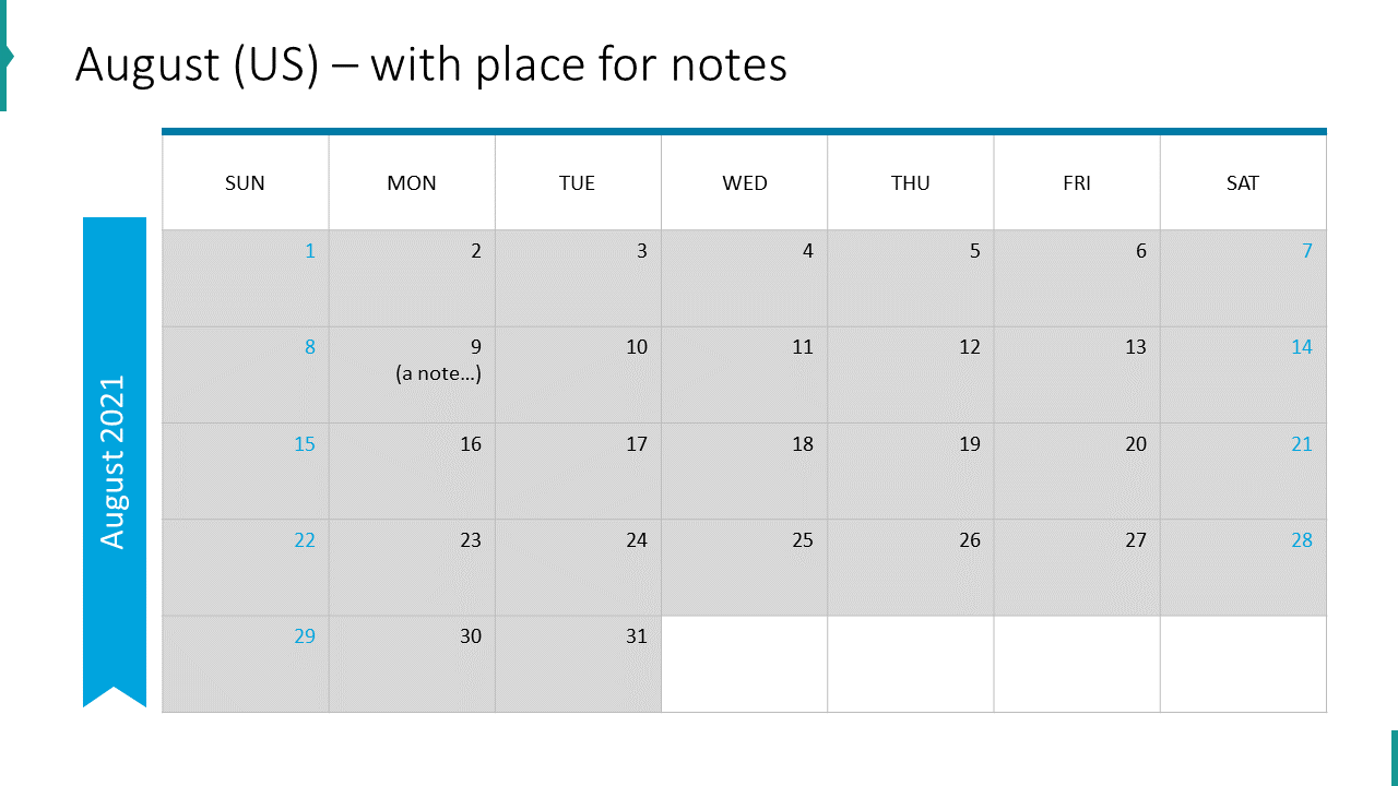 August (US) – with place for notes