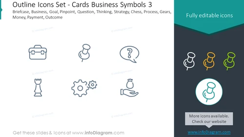 Outline icons set: cards business symbols, briefcase, business