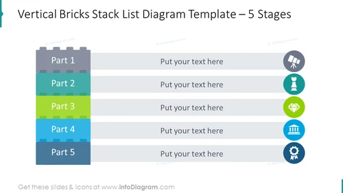 5-staged vertical stack list diagram with flat icons