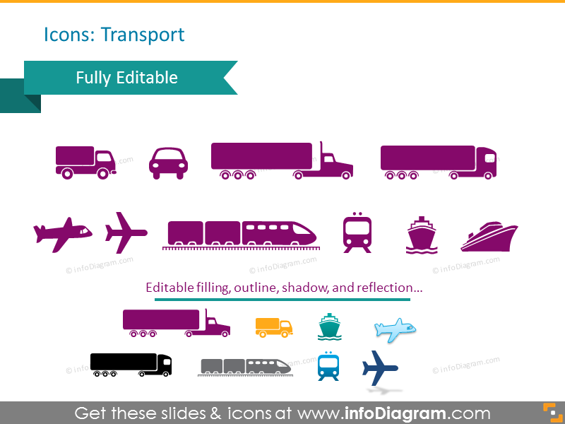 Transport Symbols: car, truck, train, plane, ship