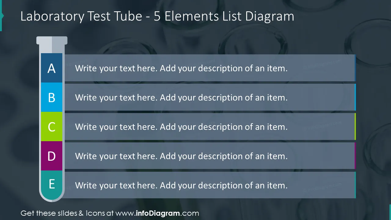 Laboratory test tube for five elements list diagram on dark background
